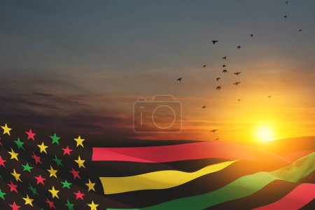 Foto de Juneteenth Flag and flying birds on background of sunrise or sunset. Since 1865. Design of Banner with place for text. 3d-rendering. - Imagen libre de derechos