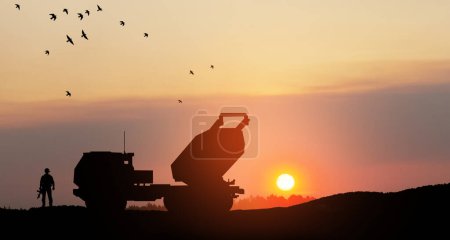 Foto de Artillery rocket system are aimed to the sky and soldier at sunset. Multiple launch rocket system. 3d-rendering. - Imagen libre de derechos
