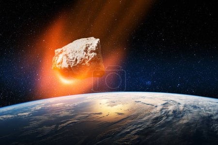 Foto de Planeta Tierra y gran asteroide en el espacio. asteroides potencialmente peligrosos. Asteroide en el espacio exterior cerca del planeta Tierra. Elementos de esta imagen proporcionados por la NASA. - Imagen libre de derechos