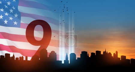Téléchargez les photos : 11 septembre Hommage à l'installation d'art léger dans le Lower Manhattan New York City Skyline au coucher du soleil avec le drapeau des États-Unis et des oiseaux volant comme des âmes. 9.11 concept de date. Bannière American Patriot Day. - en image libre de droit