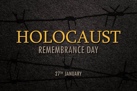 Téléchargez les photos : Holocaust Remembrance Day. Barbed wire on a black background. Holocaust Remembrance Day Poster, January 27. - en image libre de droit