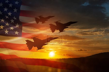 Photo for Air Force Day. Aircraft silhouettes on background of sunset with a transparent American flag. - Royalty Free Image
