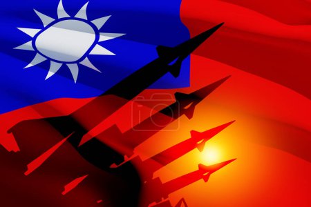 Photo for The missiles are aimed with Taiwan flag. Nuclear bomb, chemical weapons, missile defense, a system of salvo fire. 3d-rendering. - Royalty Free Image