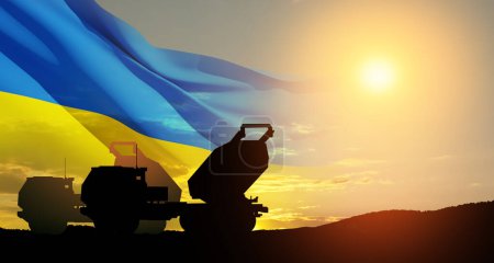 Photo for Artillery rocket system are aimed to the sky at sunset with Ukrainian flag. Multiple launch rocket system. 3d-rendering. - Royalty Free Image