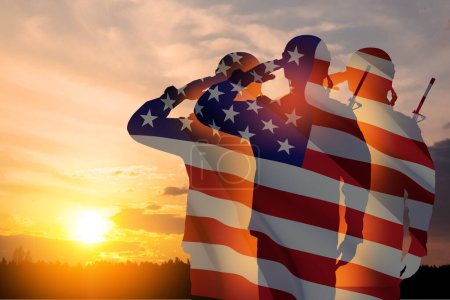 Silhouettes of soldiers with pattern USA flag saluting on a background of sunset or sunrise. Greeting card for Veterans Day, Memorial Day, Independence Day. America celebration. Closeup. 3D-rendering.