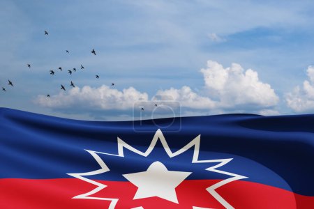 Foto de Bandera Juneteenth con aves voladoras en cielo azul nublado. Desde 1865. Diseño de Banner con lugar para texto. 3d-renderizado. - Imagen libre de derechos