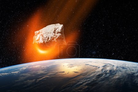 Téléchargez les photos : Planet Earth and big asteroid in the space. Potentially hazardous asteroids. Asteroid in outer space near Earth planet. Elements of this image furnished by NASA. - en image libre de droit