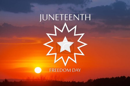 Foto de Juneteenth Flag Symbol with sunrise or sunset. Since 1865. Design of Banner with place for text. - Imagen libre de derechos