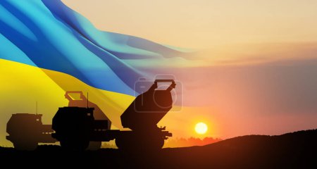 Photo for Artillery rocket system are aimed to the sky at sunset with Ukrainian flag. Multiple launch rocket system. 3d-rendering. - Royalty Free Image
