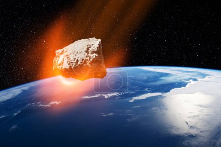 Foto de Planet Earth and big asteroid in the space. Potentially hazardous asteroids. Asteroid in outer space near Earth planet. Elements of this image furnished by NASA. - Imagen libre de derechos