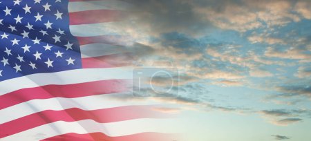 Foto per United States of America flag on blue sky background. Independence day, Memorial day, Veterans day. Banner. - Immagine Royalty Free