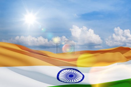 Photo for Waving India flag on blue cloudy sky. Background with place for your text. Indian independence day, 15 August. 3d-rendering. - Royalty Free Image
