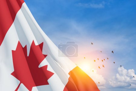 Canada national flag waving on blue sky with flying birds. Canada day. 3d-rendering.
