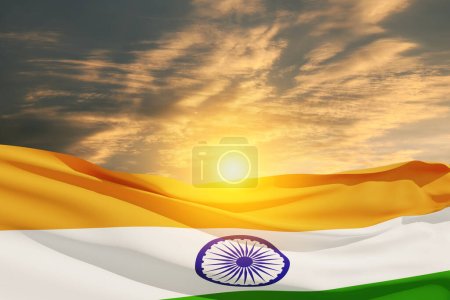 Photo for Waving India flag on sunset sky. Background with place for your text. Indian independence day, 15 August. 3d-rendering. - Royalty Free Image