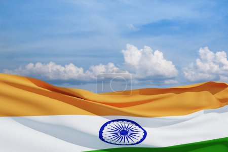 Photo for Waving India flag on blue cloudy sky. Background with place for your text. Indian independence day, 15 August. 3d-rendering. - Royalty Free Image