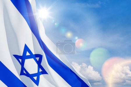 Israel-Fahne mit Davidstern über bewölktem Himmel. Patriotisches Konzept über Israel mit Nationalstaatsymbolen. Banner mit Platz für Text.