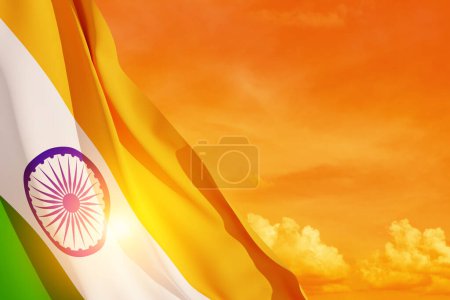 Photo for Waving India flag on sunset sky. Background with place for your text. Indian independence day, 15 August. 3d-rendering. - Royalty Free Image