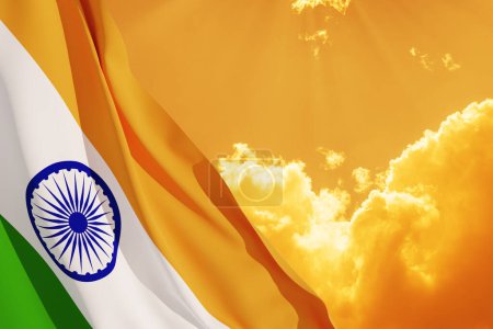 Das Schwenken der indischen Flagge am Himmel bei Sonnenuntergang. Hintergrund mit Platz für Ihren Text. Indischer Unabhängigkeitstag, 15. August. 3d-rendering.