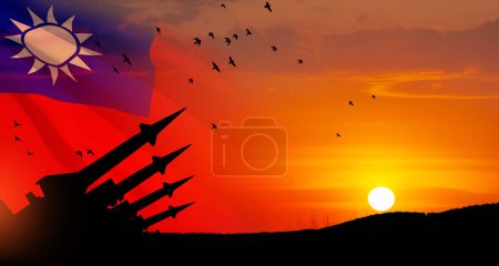 Los misiles apuntan al cielo al atardecer con la bandera de Taiwán. Bomba nuclear, armas químicas, defensa antimisiles, un sistema de fuego salva. 3d-renderizado.