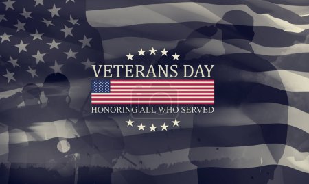 Silhouetten von Soldaten salutieren mit Text Veteranentag zu Ehren aller, die dienten. Schwarz-weißes amerikanisches Urlaubstypografie-Plakat. Banner, Grußkarte, Postkarte.