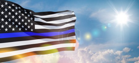 American flag with police support symbol Thin blue line on blue sky. American police in society as the force which holds back chaos, allowing order and civilization to thrive. Banner.