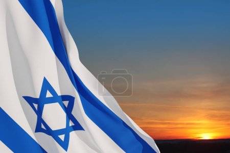 Foto de Israel flag with a star of David over cloudy sky background on sunset. Patriotic concept about Israel with national state symbols. Banner with place for text. - Imagen libre de derechos