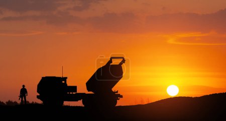 Photo for Artillery rocket system are aimed to the sky and soldier at sunset. Multiple launch rocket system. 3d-rendering. - Royalty Free Image