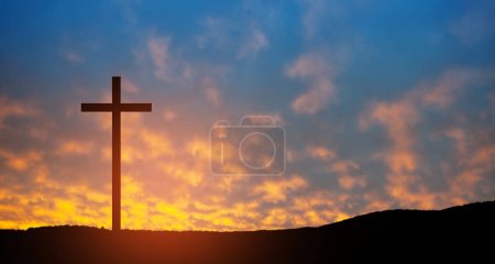 Photo for Christian cross on hill outdoors at sunrise. Resurrection of Jesus. Concept photo. - Royalty Free Image