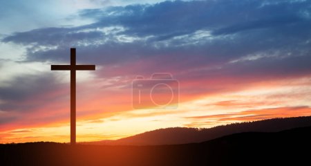 Foto de Christian cross on hill outdoors at sunrise. Resurrection of Jesus. Concept photo. - Imagen libre de derechos