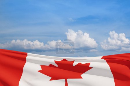 Téléchargez les photos : Drapeau national du Canada agitant sur le ciel bleu. Fête du Canada. 3d-rendu. - en image libre de droit