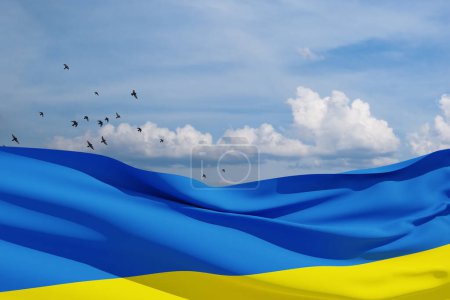 Die ukrainische Flagge am blauen Himmel mit Vögeln. Schließen Sie die schwenkende Fahne der Ukraine mit Platz für Ihren Text. Flaggensymbole der Ukraine. 3D-Darstellung.