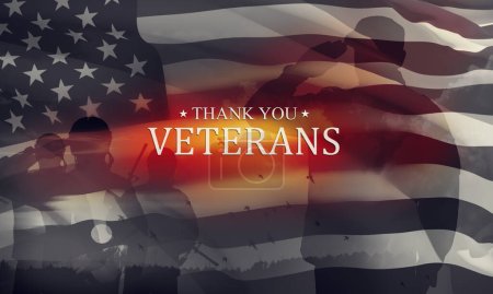 Photo for Silhouettes of soldiers saluting with text Thank You Veterans. American holiday typography poster. Banner, greeting card, postcard. - Royalty Free Image