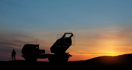 Artillerie-Raketensysteme zielen in den Himmel und Soldaten bei Sonnenuntergang. Mehrfachraketensystem. 3d-rendering.