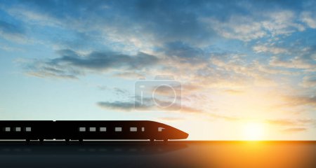 Szybka sylwetka pociągu w ruchu o zachodzie słońca. Szybko poruszający się nowoczesny pociąg pasażerski na peronie kolejowym. Transport komercyjny.