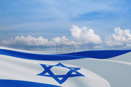 Foto de Israel flag with a star of David over cloudy sky background. Patriotic concept about Israel with national state symbols. Banner with place for text. - Imagen libre de derechos