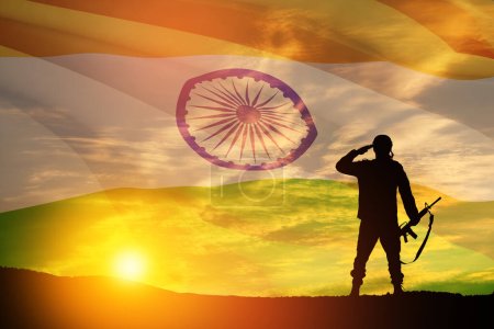 Photo for Silhouette of soldier on a background of India flag and the sunset or the sunrise. Greeting card for Independence day, Republic Day. India celebration. - Royalty Free Image
