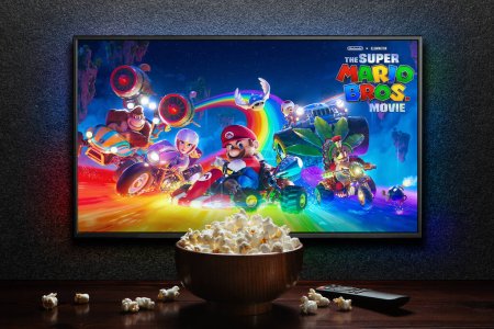 Photo for TV screen playing The Super Mario Bros. Movie trailer or movie. TV with remote control and popcorn bowl. Astana, Kazakhstan - March 23, 2023. - Royalty Free Image