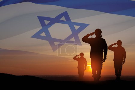 Photo for Silhouette of soldiers saluting against the sunrise in the desert and Israel flag. Concept - armed forces of Israel. - Royalty Free Image