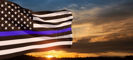 Photo for American flag with police support symbol Thin blue line on sunset sky. American police in society as the force which holds back chaos, allowing order and civilization to thrive. Banner. - Royalty Free Image