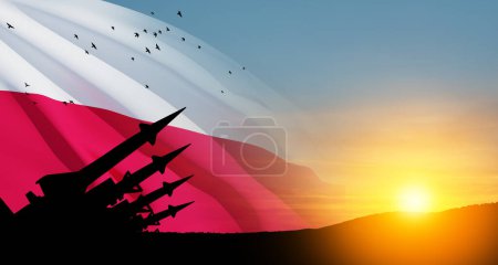 Photo for The missiles are aimed at the sky at sunset with Polish flag. Nuclear bomb, chemical weapons, missile defense, a system of salvo fire. - Royalty Free Image