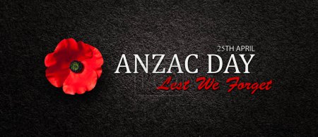 Photo for The remembrance poppy - poppy appeal. Poppy flower on black textured background with text. Banner. Decorative flower for Anzac Day in New Zealand, Australia, Canada and Great Britain. - Royalty Free Image