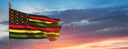 Photo for Alternative Juneteenth Flag on flagpole with sunrise or sunset. Since 1865. Banner with place for text. - Royalty Free Image