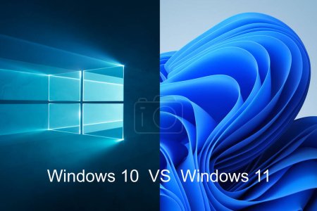Foto de Windows 11 versus Windows 10. Una nueva actualización del sistema operativo de Microsoft. Astana, Kazajstán - 2 de julio de 2023. - Imagen libre de derechos