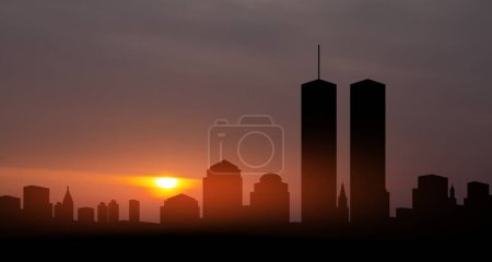 Téléchargez les photos : New York silhouette skyline avec Twin Towers au coucher du soleil. 09.11.2001 Bannière du Patriot Day américain. - en image libre de droit