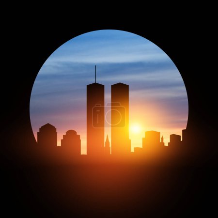 Téléchargez les photos : New York silhouette skyline avec Twin Towers au coucher du soleil dans un cadre rond noir. 09.11.2001 Journée américaine des patriotes. - en image libre de droit