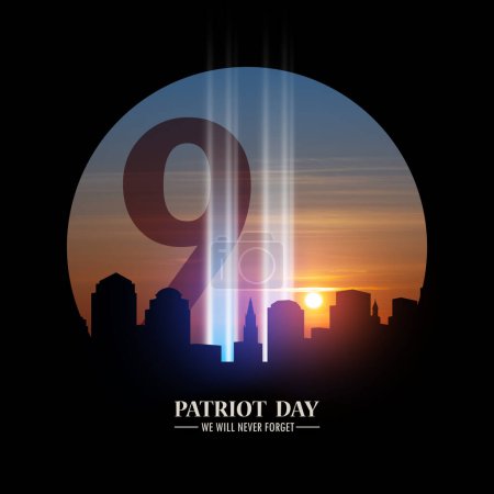Téléchargez les photos : 11 septembre Tribute In Light Art Installation dans le Lower Manhattan New York City Skyline au coucher du soleil dans un cadre rond noir avec inscription Patriot Day. 9.11 concept de date. Journée américaine des patriotes. - en image libre de droit