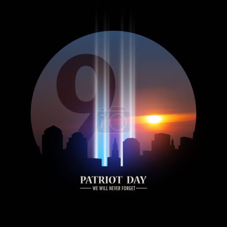 Téléchargez les photos : 11 septembre Tribute In Light Art Installation dans le Lower Manhattan New York City Skyline au coucher du soleil dans un cadre rond noir avec inscription Patriot Day. 9.11 concept de date. Journée américaine des patriotes. - en image libre de droit