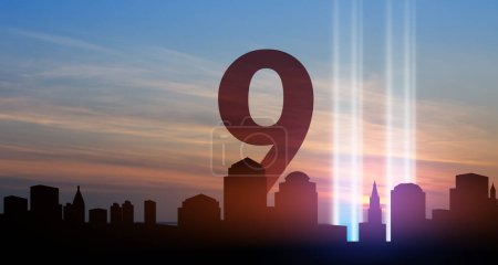 Téléchargez les photos : 11 septembre Tribute In Light Art Installation in the Lower Manhattan New York City Skyline at Sunset. 9.11 concept de date. Bannière American Patriot Day. - en image libre de droit