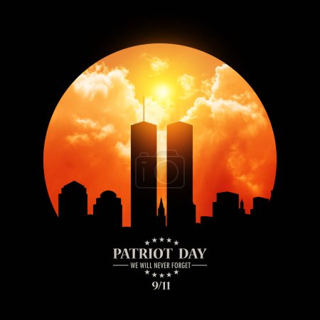 Téléchargez les photos : New York skyline silhouette with Twin Towers at sunset in a round black frame with inscription Patriot Day We Will Never Forget. 09.11.2001 American Patriot Day. - en image libre de droit