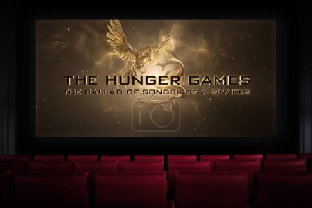 Photo for The Hunger Games The Ballad of Songbirds and Snakes movie in the cinema. Watching a movie in the cinema. Astana, Kazakhstan - September 8, 2023. - Royalty Free Image